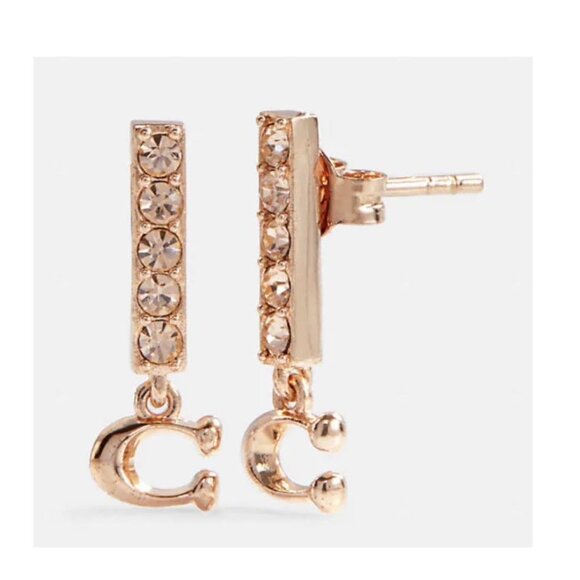 NEW Coach SIGNATURE "C" PAVE BAR Sparkle STUD EARRINGS Rose Gold-tone w/Gift Bag - Picture 5 of 13